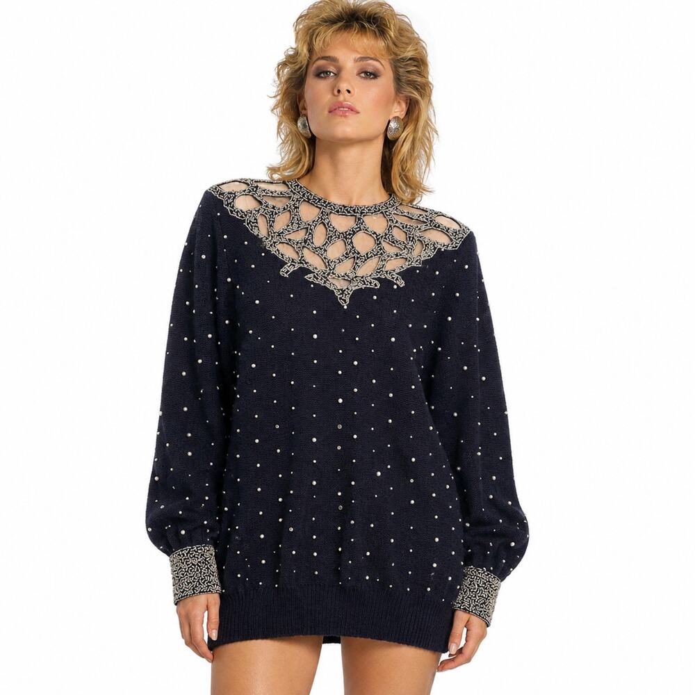 1989 Bonnie Boerer Black Beaded Pearl Trophy Sweater Tunic S/M